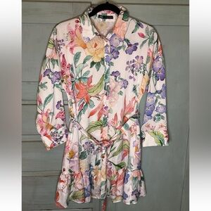 Zara Women’s Floral Dress Button Up Collared Belted Size S